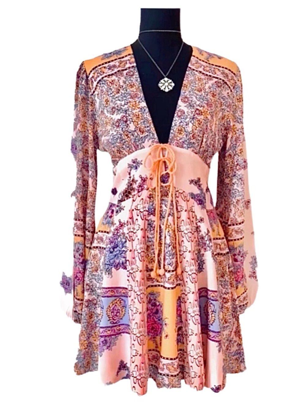 FREE PEOPLE ~ Long Flowy Sleeves Deep V Floral Multicolor Boho Dress fully Lined